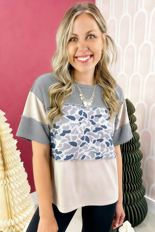 Gray Raw Seam Color Block Camouflage Patchwork Casual Tee