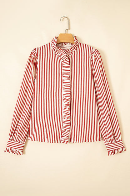 Red Stripe Textured Ruffle Trim Button-Up Long Sleeve Shirt