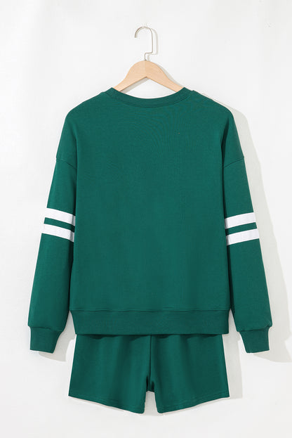 Evergreen Varsity Striped Sleeve Drop Shoulder Sweatshirt and Short Set