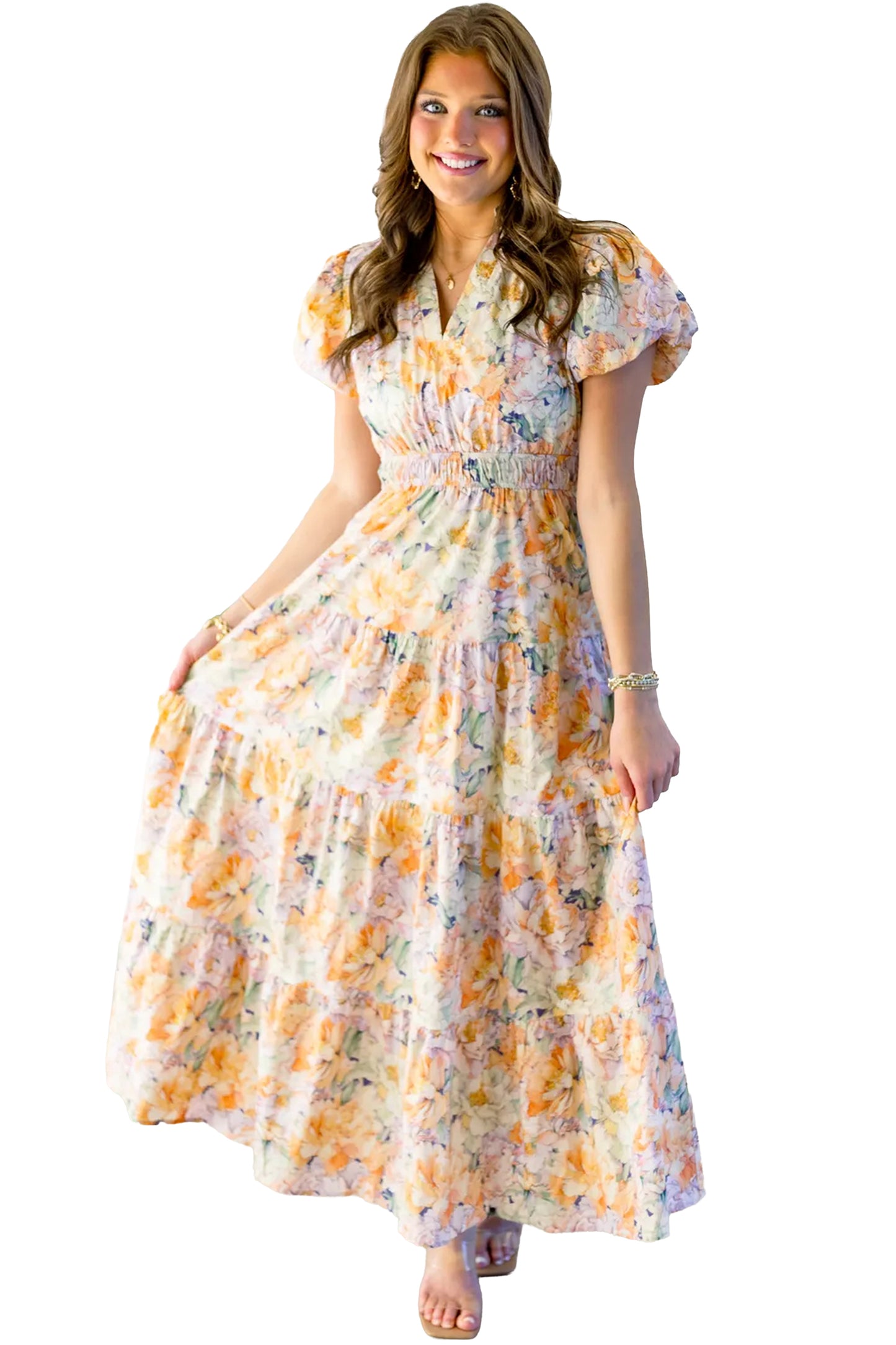 Orange Floral Bubble Sleeve V Neck Flared Maxi Dress