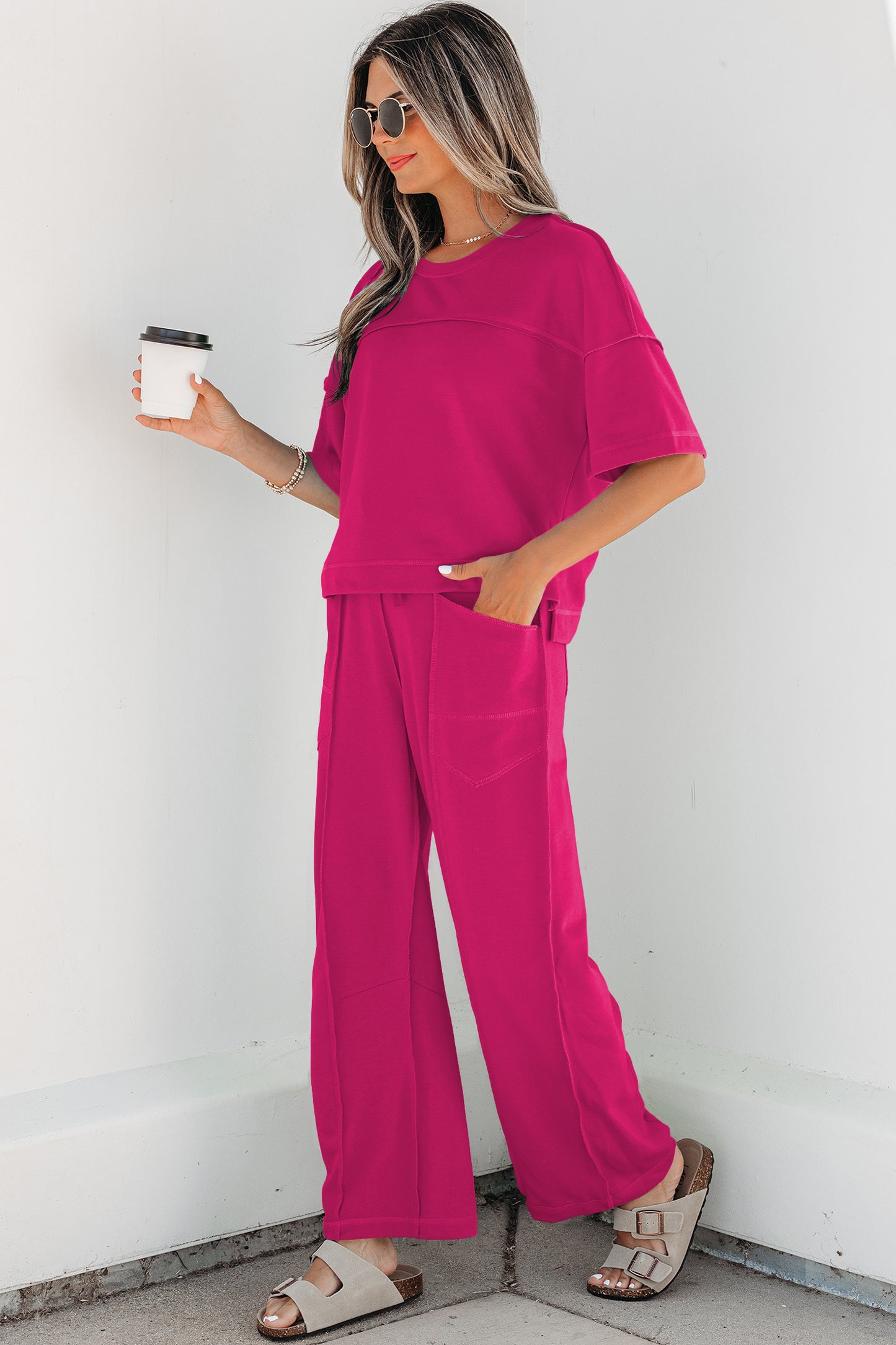 Rose Red Drop Shoulder Boxy Tee and Barrel Pants Set
