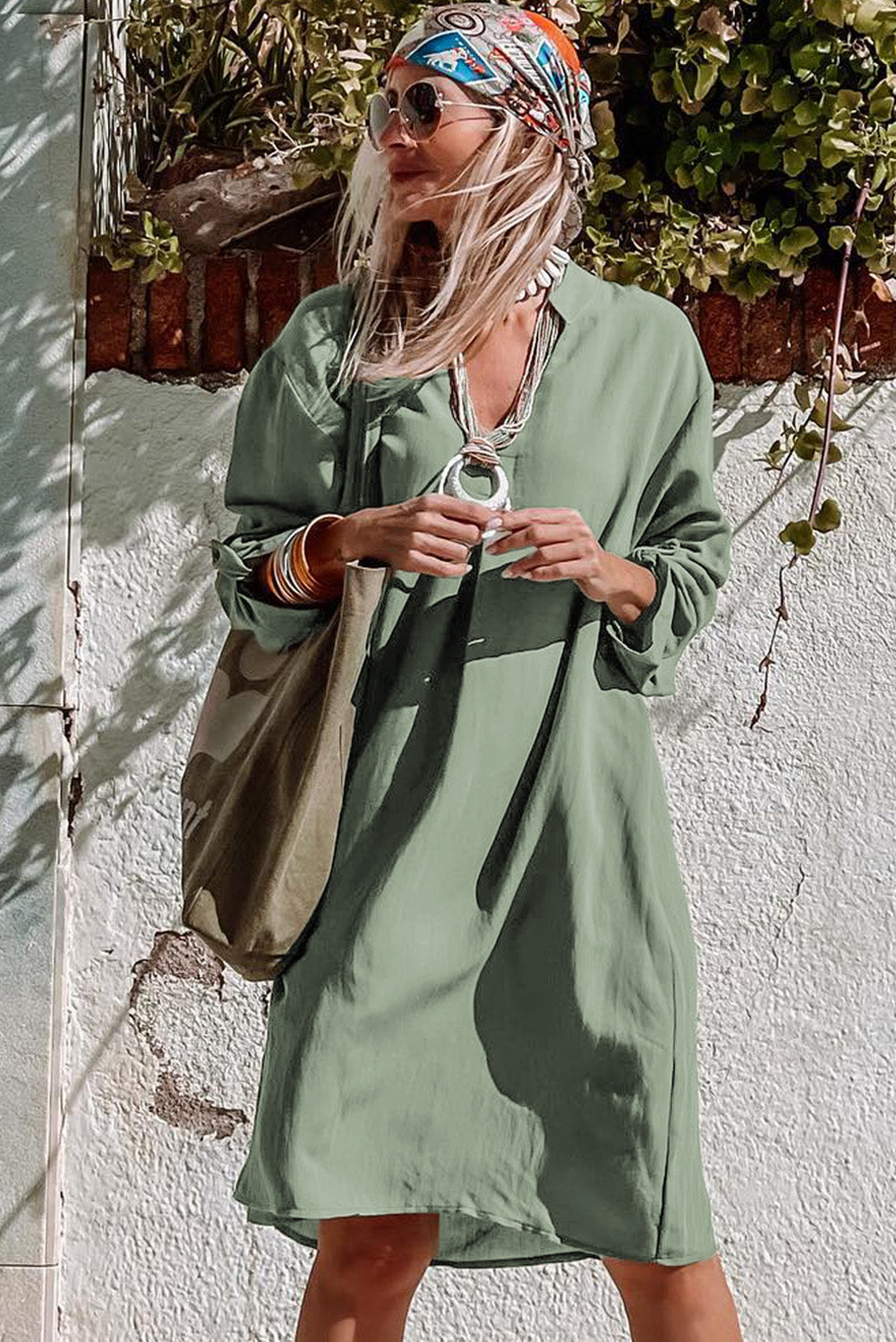 Roll-tab Sleeve Flowy Casual Dress