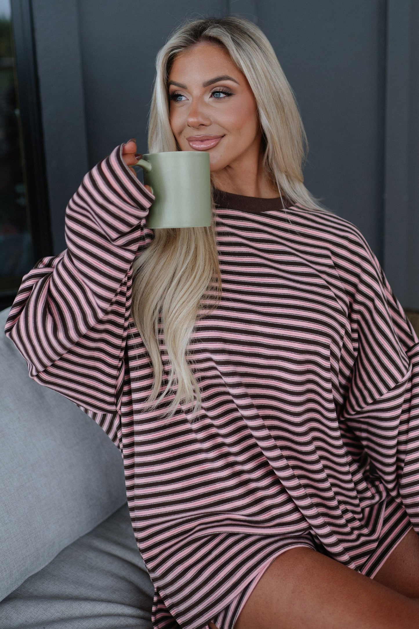 Brown Stripe Long Sleeve Oversized Top Pocketed Casual Shorts Two Piece Set