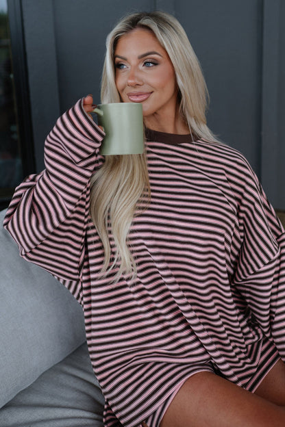 Brown Stripe Long Sleeve Oversized Top Pocketed Casual Shorts Two Piece Set