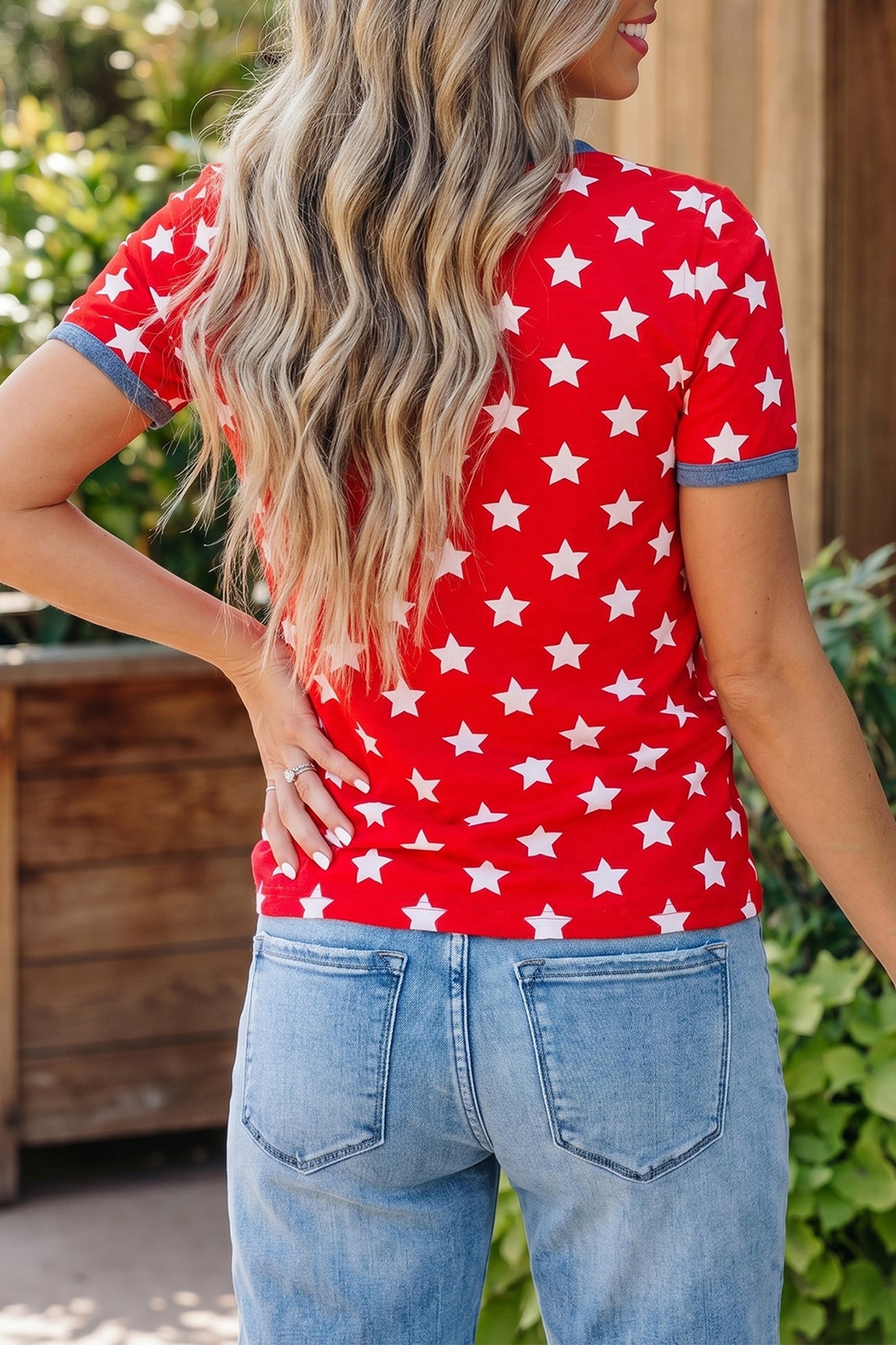Red Stars Print Colorblock Binding Tape Collar Cuff Viscose Tunic Top