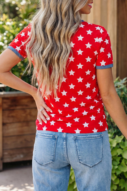 Red Stars Print Colorblock Binding Tape Collar Cuff Viscose Tunic Top