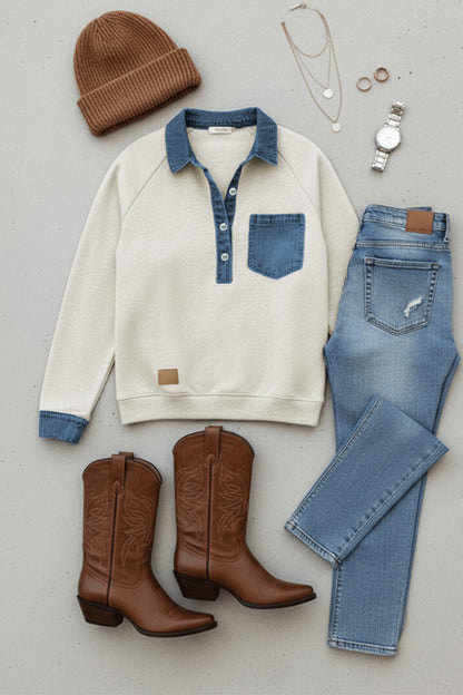 Gray Denim Collar Patchwork Long Sleeve Pullover Top