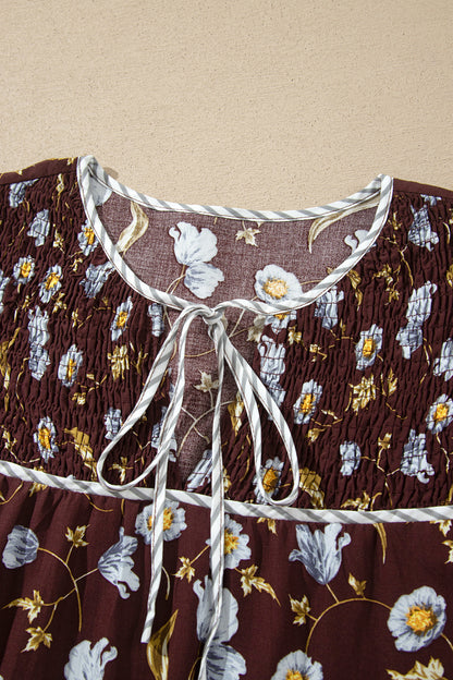 Brown Floral Print Shirred V Neck Shift Dress