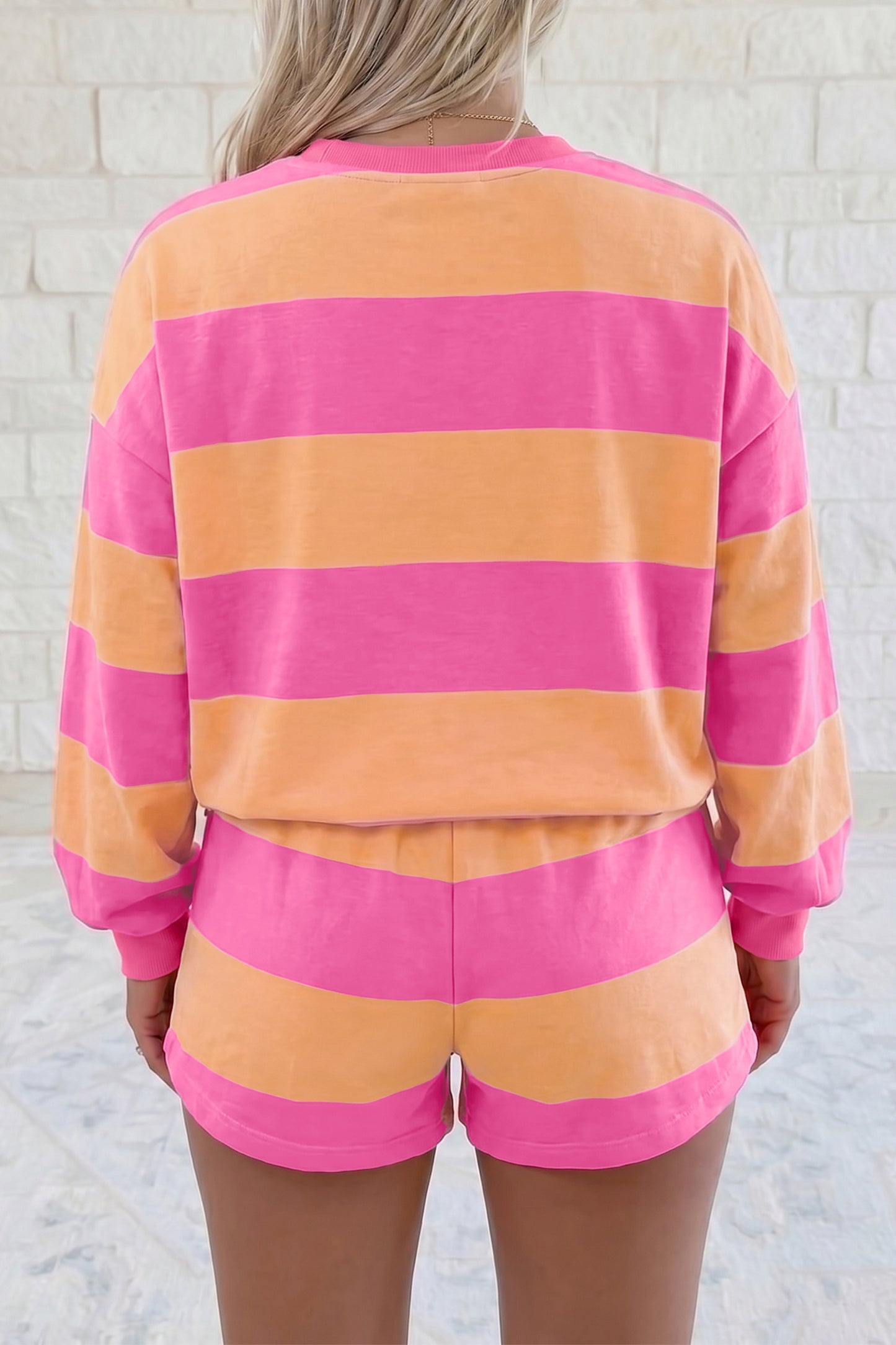 Pink Stripe Long Sleeve Casual Top Drawstring Shorts 2pcs Set