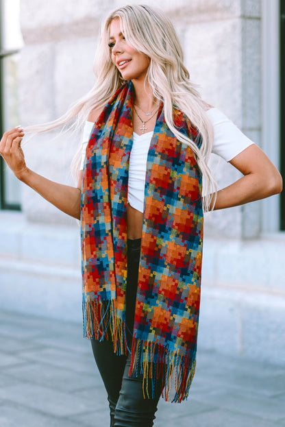 Bufanda con dobladillo con flecos y estampado de cuadros multicolor 