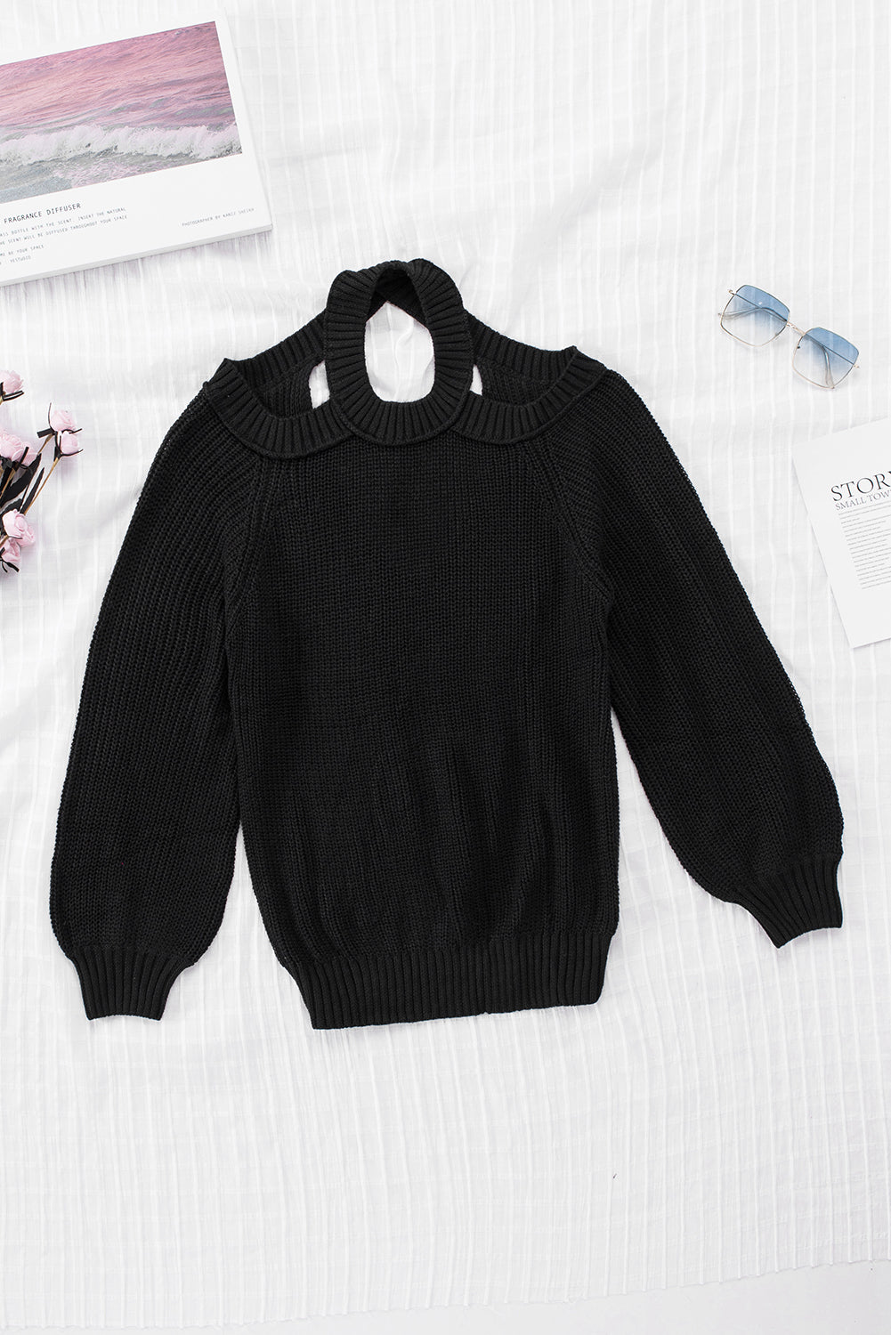 Suéter de punto acanalado con hombros descubiertos y cinturón cruzado sin espalda para mujer, informal, holgado, de manga larga, Color sólido, para invierno