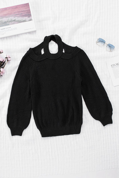 Suéter de punto acanalado con hombros descubiertos y cinturón cruzado sin espalda para mujer, informal, holgado, de manga larga, Color sólido, para invierno