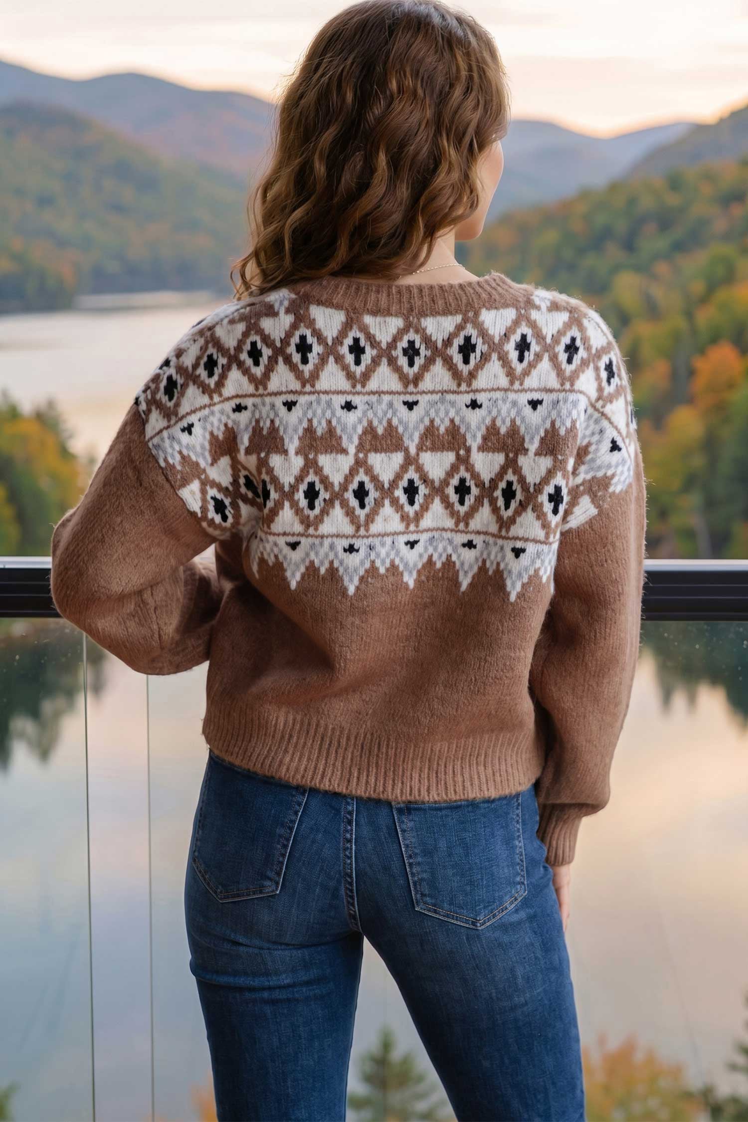Khaki Geometric Print Drop Shoulder Casual Pullover Sweater