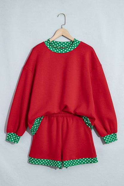 Racing Red Polka Dot Trim Baggy Pullover 2pcs Short Set
