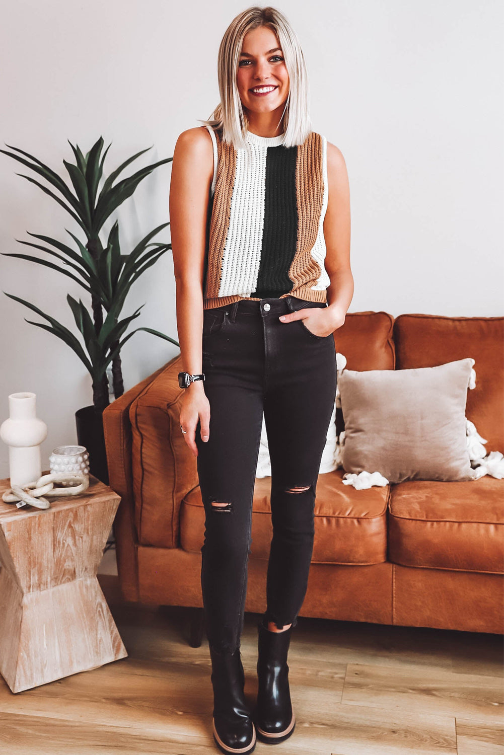 Gilet en tricot sans manches à rayures kaki et blocs de couleurs