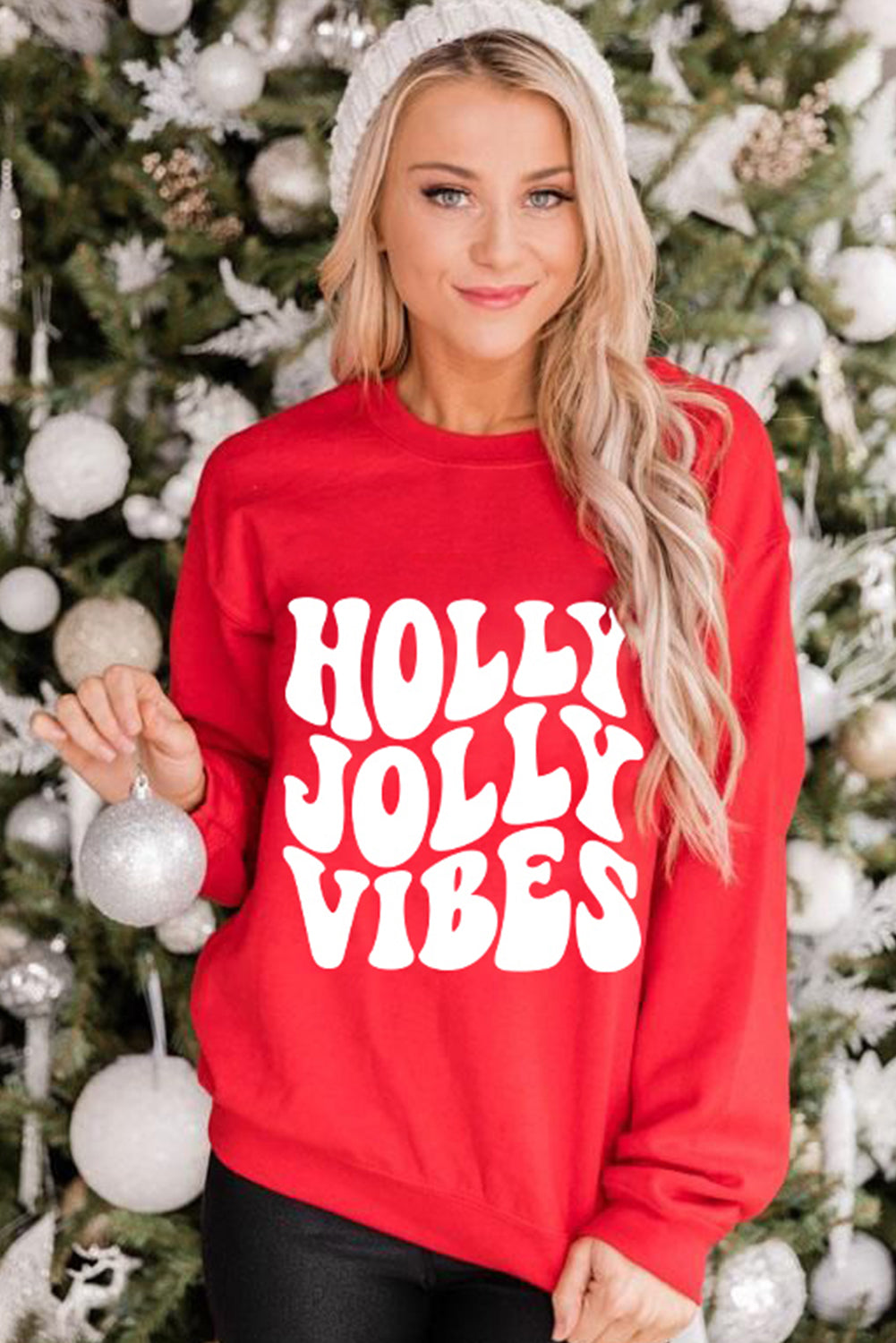 Sweat-shirt de Noël à col rond rouge avec imprimé graphique HOLLY JOLLY VIBES