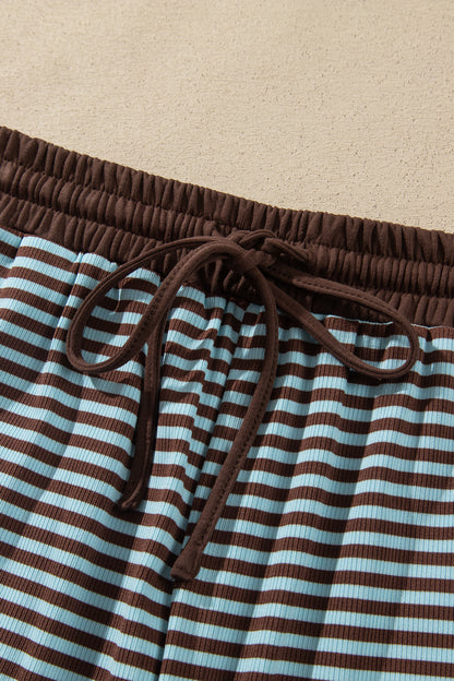 Brown Stripe Drop Shoulder Loose Top and Pants Two Piece Set