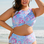 Sky Blue Plus Size Floral Print Twisted High Waist Bikini Set