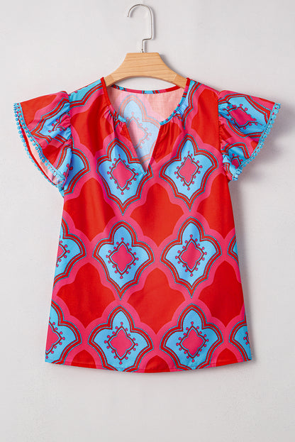 Red Abstract Floral Print Trimmed Flutter Sleeve Blouse
