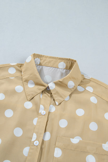 Khaki Polka Dot Print Three Quarter Sleeve Ruffle Hem Casual Shirt