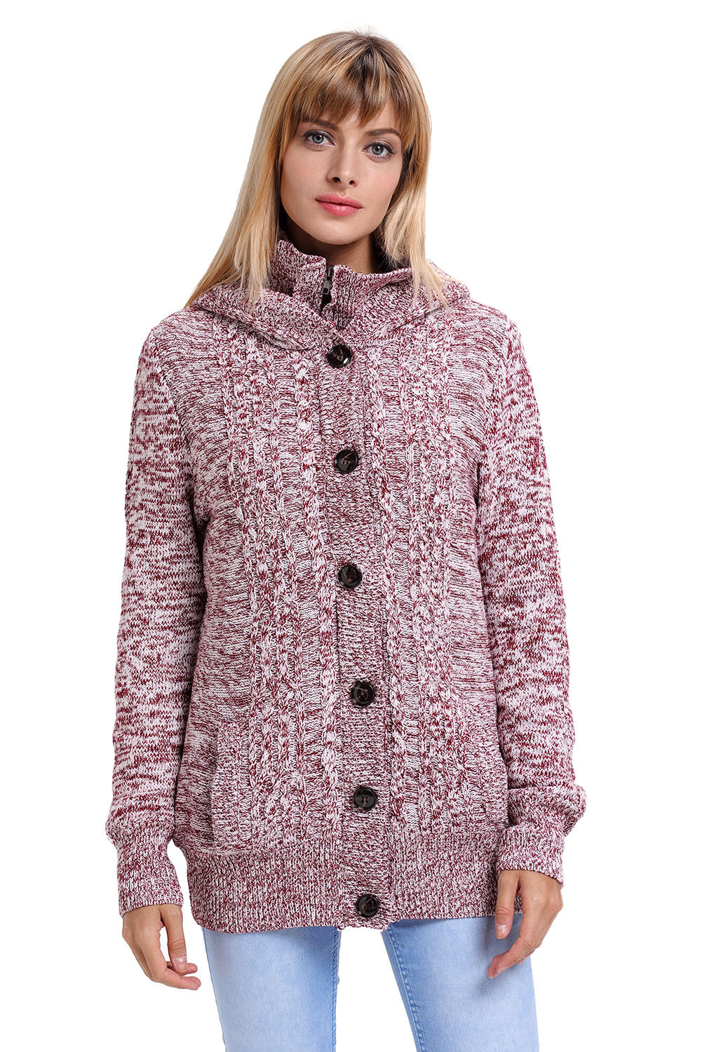 Red Long Sleeve Button-up Hooded Cardigans