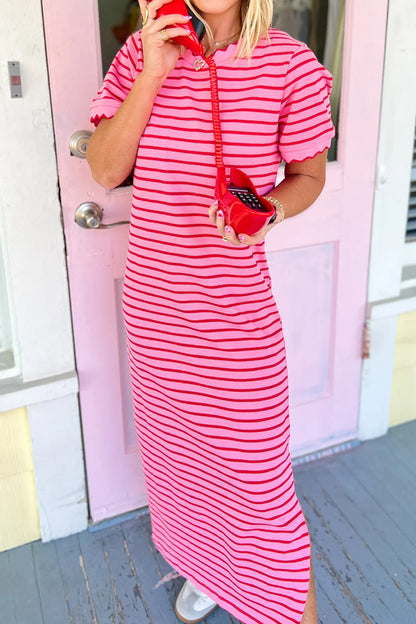 Rose Stripe Striped Short Sleeve Scalloped Trim Side Slit T-Shirt Dress