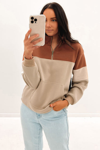 Sweat-shirt kaki à col montant et poches zippées 