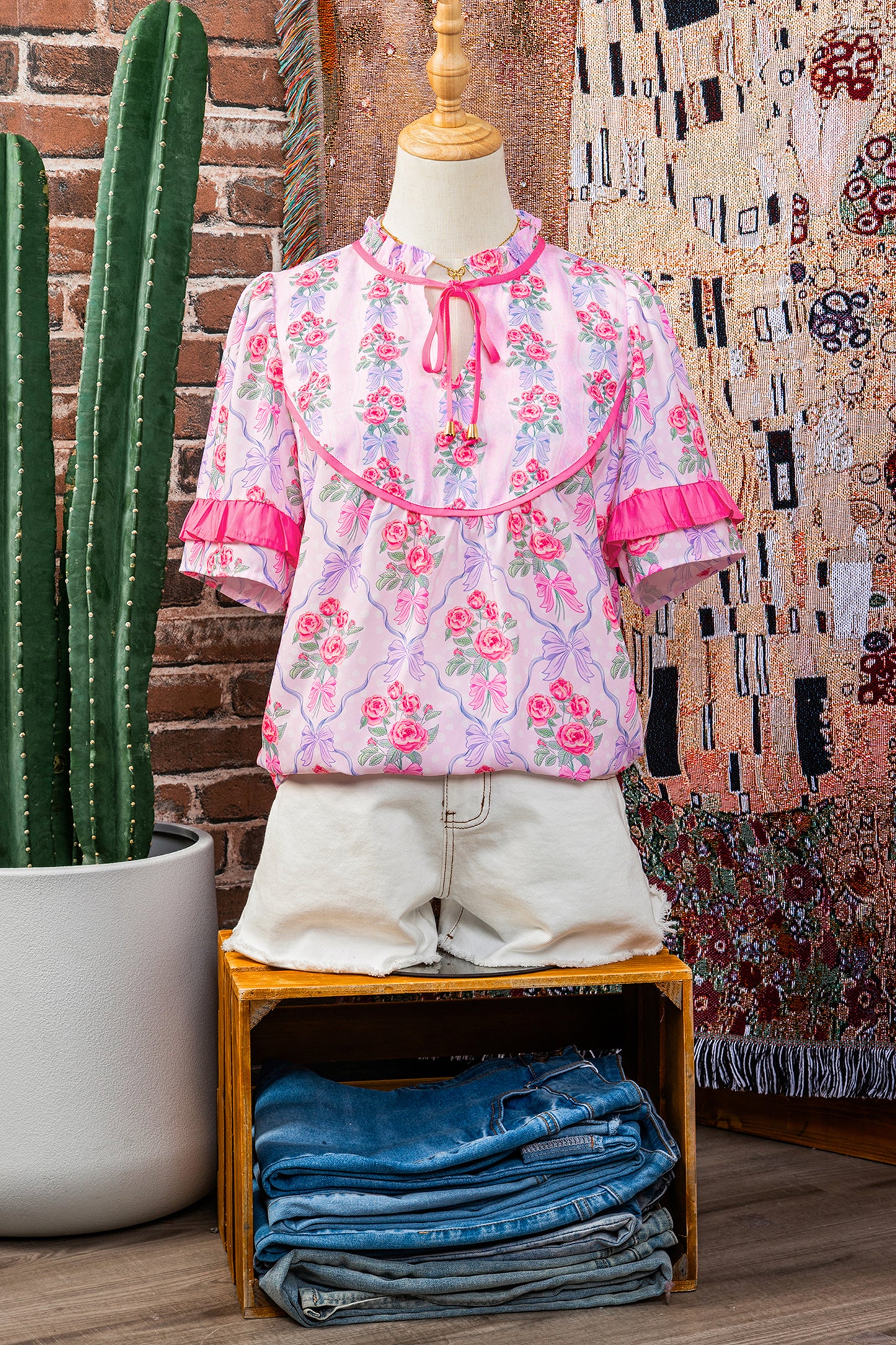 Purple Coquette Floral Bow Printed Contrast Ruffled Short Sleeve Blouse