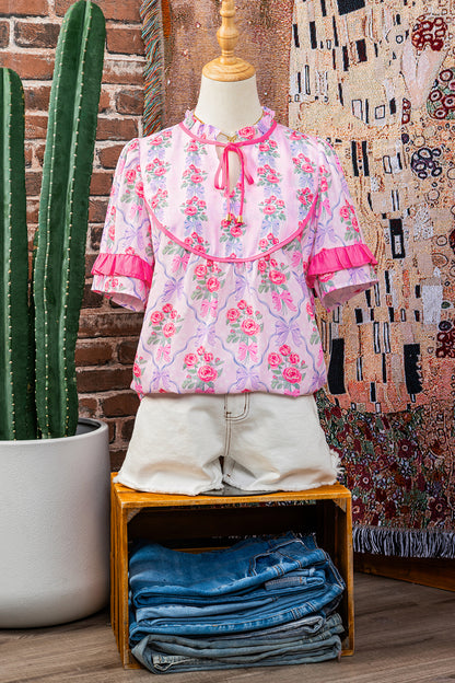 Purple Coquette Floral Bow Printed Contrast Ruffled Short Sleeve Blouse