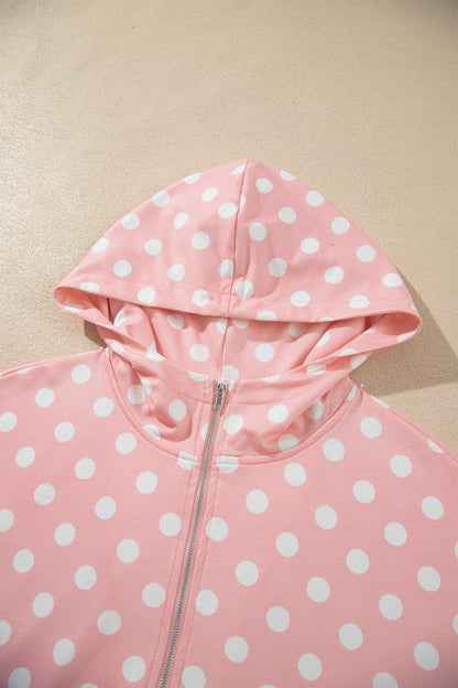 Pink Polka Dot Hooded Long Sleeve Top Casual Mini Skort Set