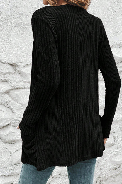 Stone Blue Ribbed Open Front Knitted Top with Pockets