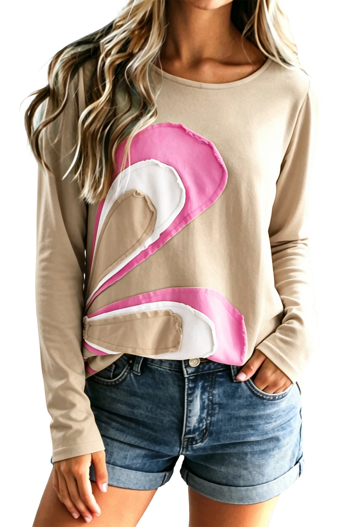 Pale Khaki Patchwork Long Sleeve Shift Top