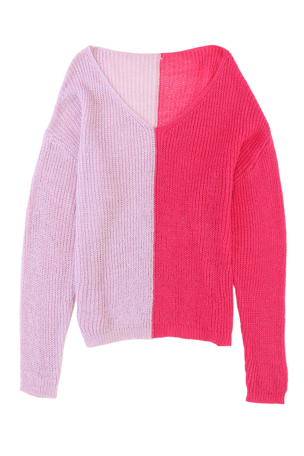 Pull rose à manches longues et col en V colorblock