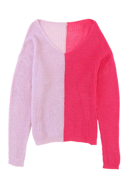 Pull rose à manches longues et col en V colorblock