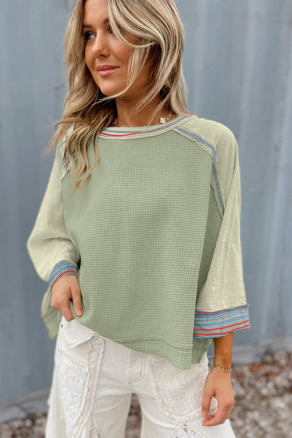 Haut raglan patchwork à manches larges et en tricot gaufré vert Meadow Mist