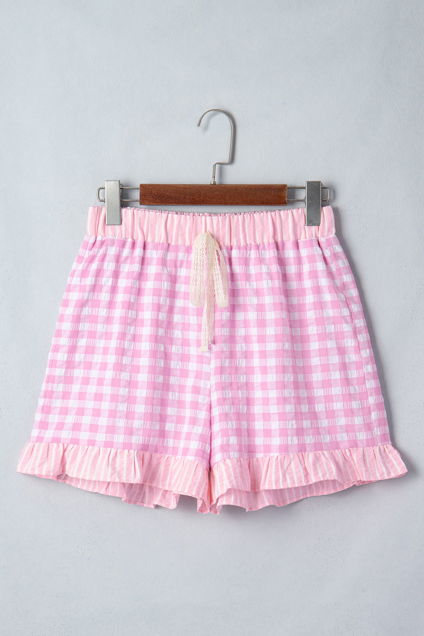 Pink Gingham Print Ruffle Striped Detail Lace Tie Shorts