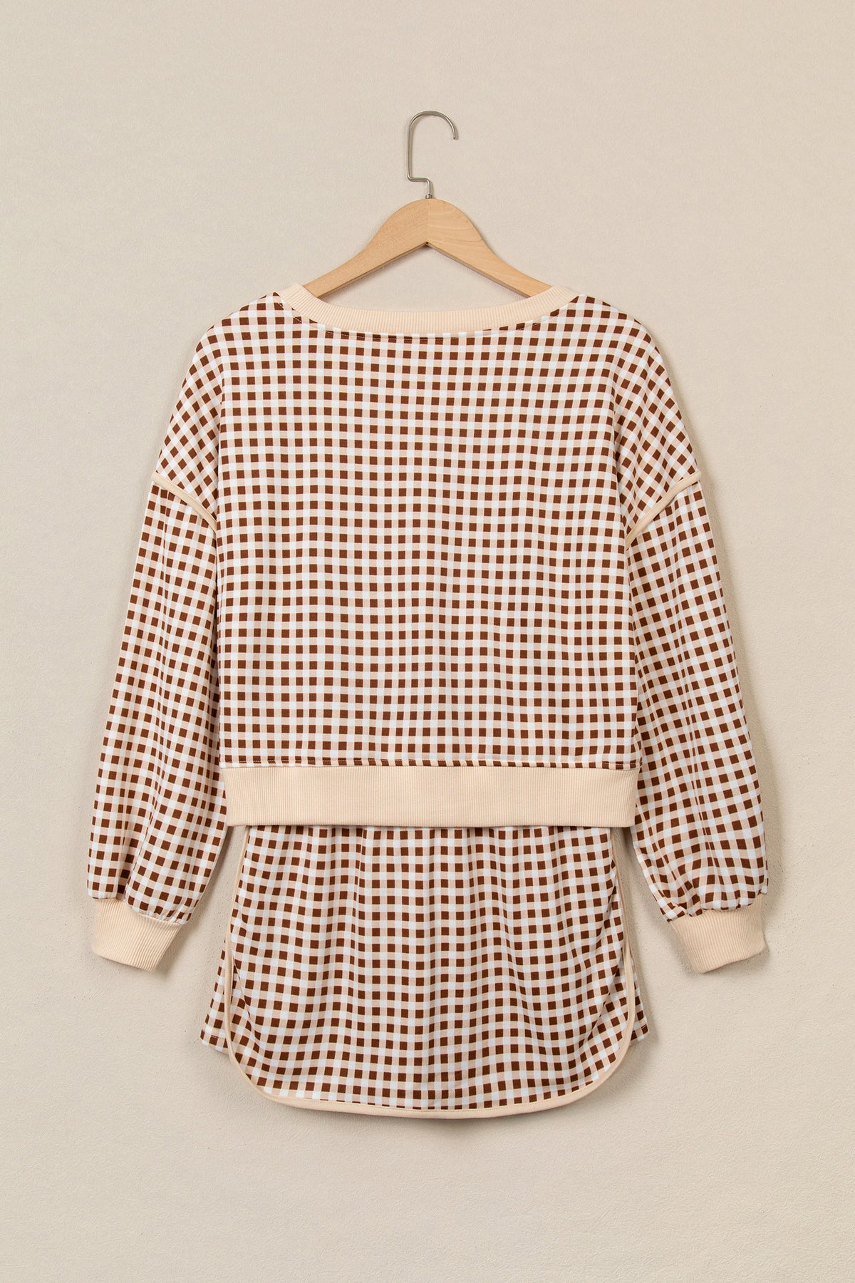 Brown Gingham Oversized Ribbed Trim Crew Neck Long Sleeve Top and Skort Set