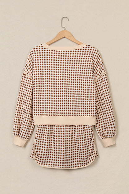 Brown Gingham Oversized Ribbed Trim Crew Neck Long Sleeve Top and Skort Set
