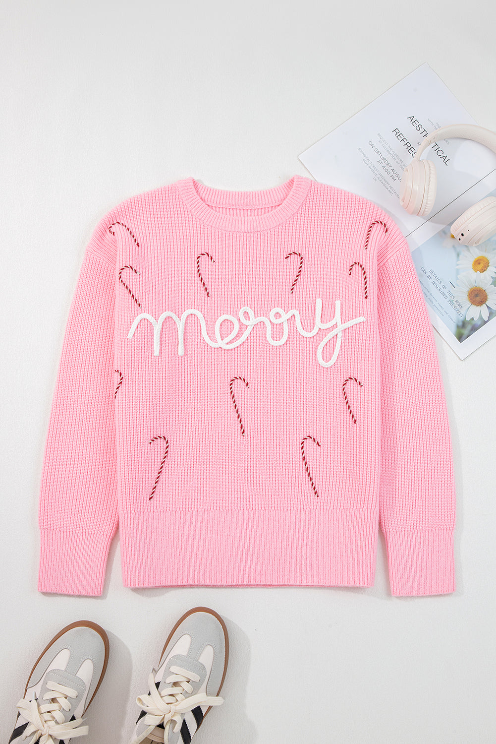 Pink Merry Candy Cane Puffy Knit Crew Neck Sweater