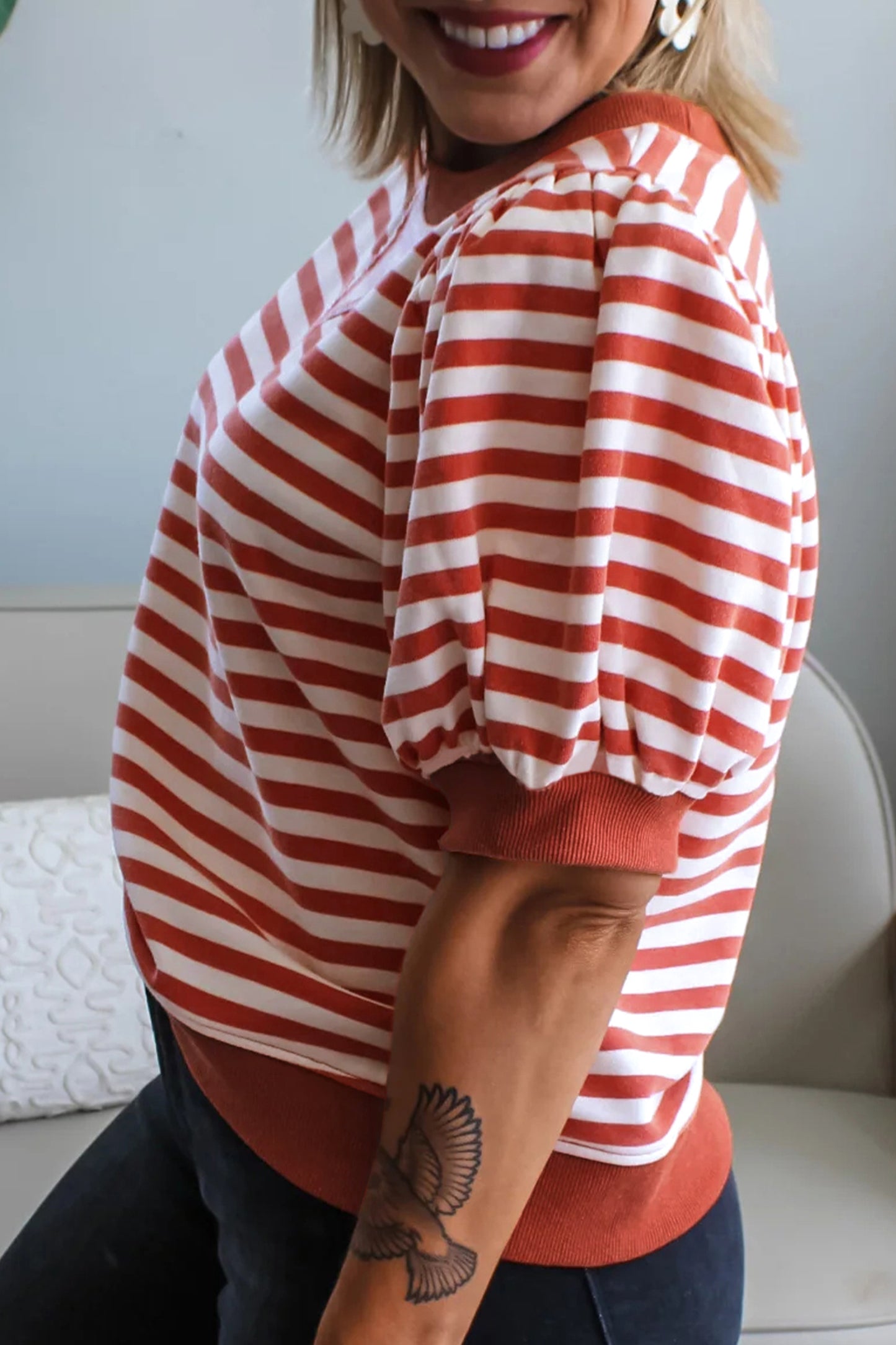 Orange Stripe Short Bubble Sleeve T Shirt