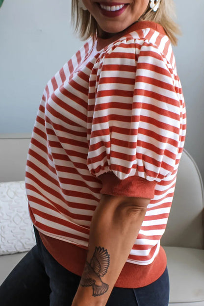 Orange Stripe Short Bubble Sleeve T Shirt