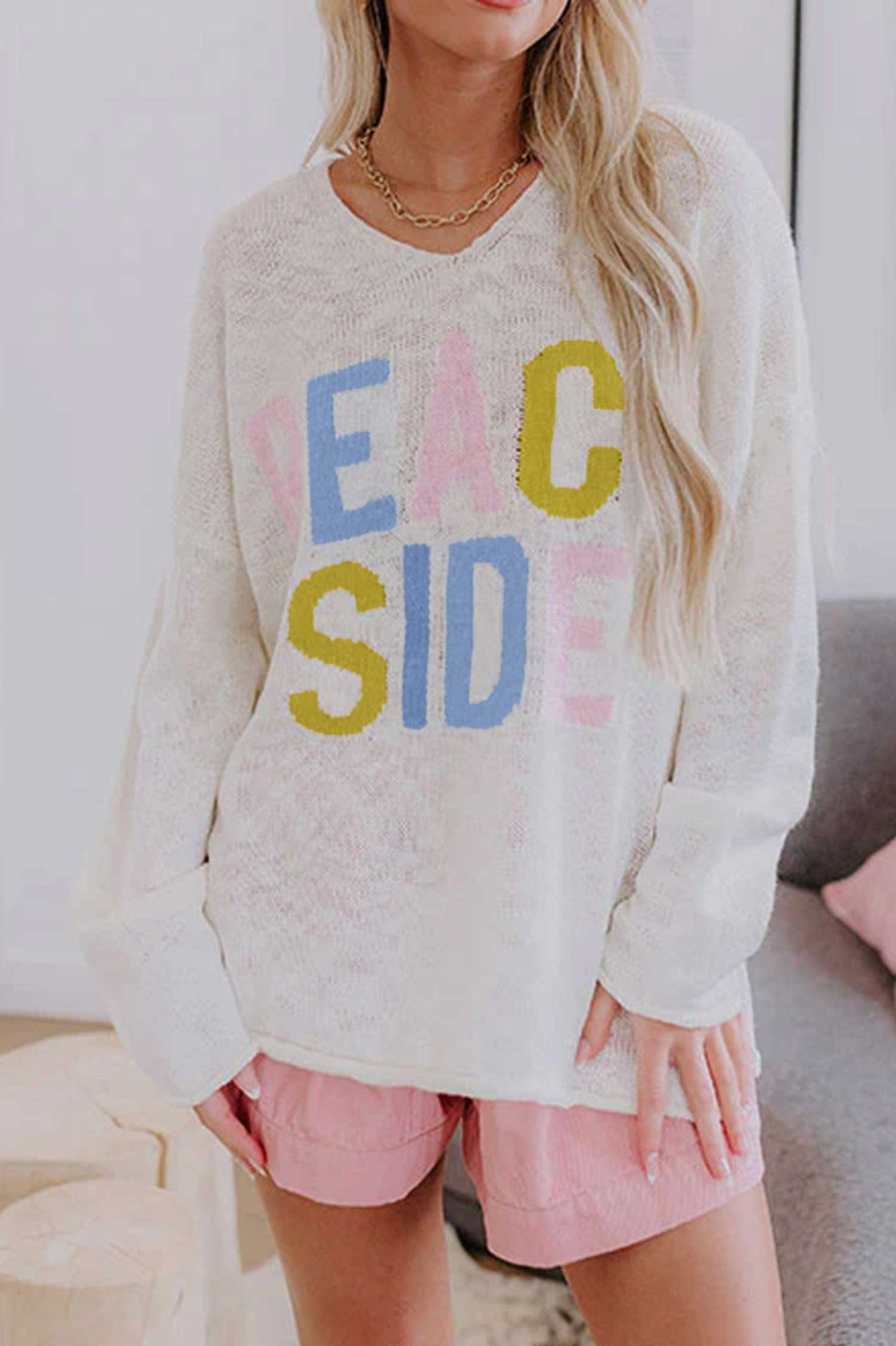 White V Neck Lightweight Knit BEACH SIDE Shift Tunic Sweater