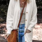 White Fuzzy Buttoned Front Midi Solid Cardigan