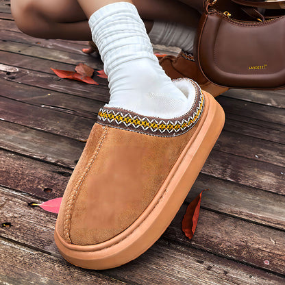 Chestnut Contrast Edge Suede Plush Lined Thick Sole Winter Slippers