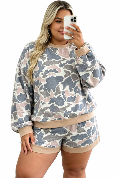 Multicolour Camouflage Print Round Neck Drop Shoulder Pullover Plus Size Shorts Set