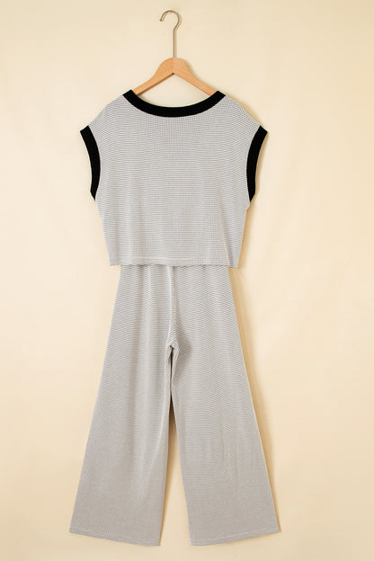 Beige Stylish Knit Lace Colorblock Trim V Neck Tank Drawstring Wide Leg Pants Set