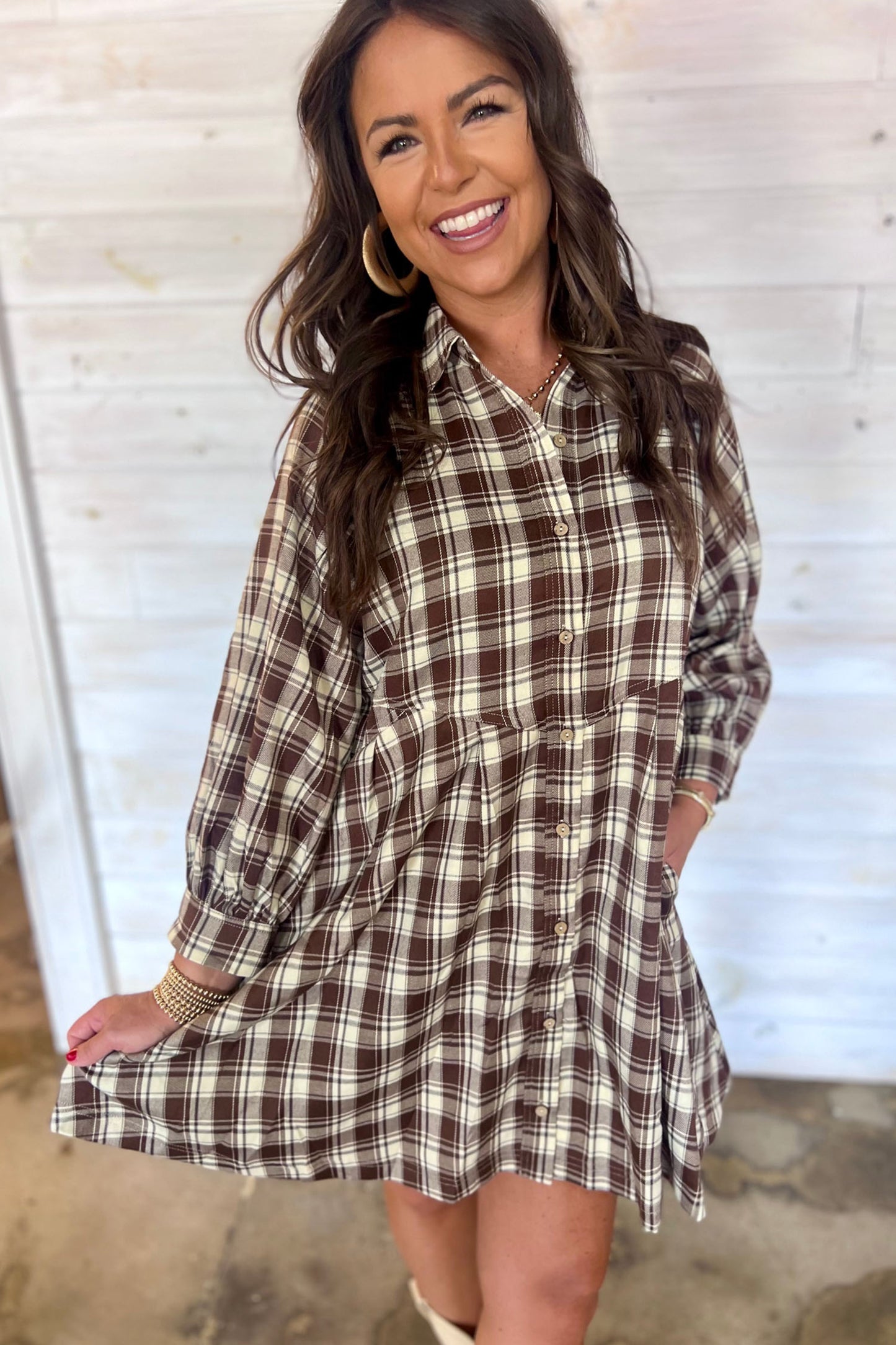 Brown Plaid Long Sleeve Short Shift Mini Dress
