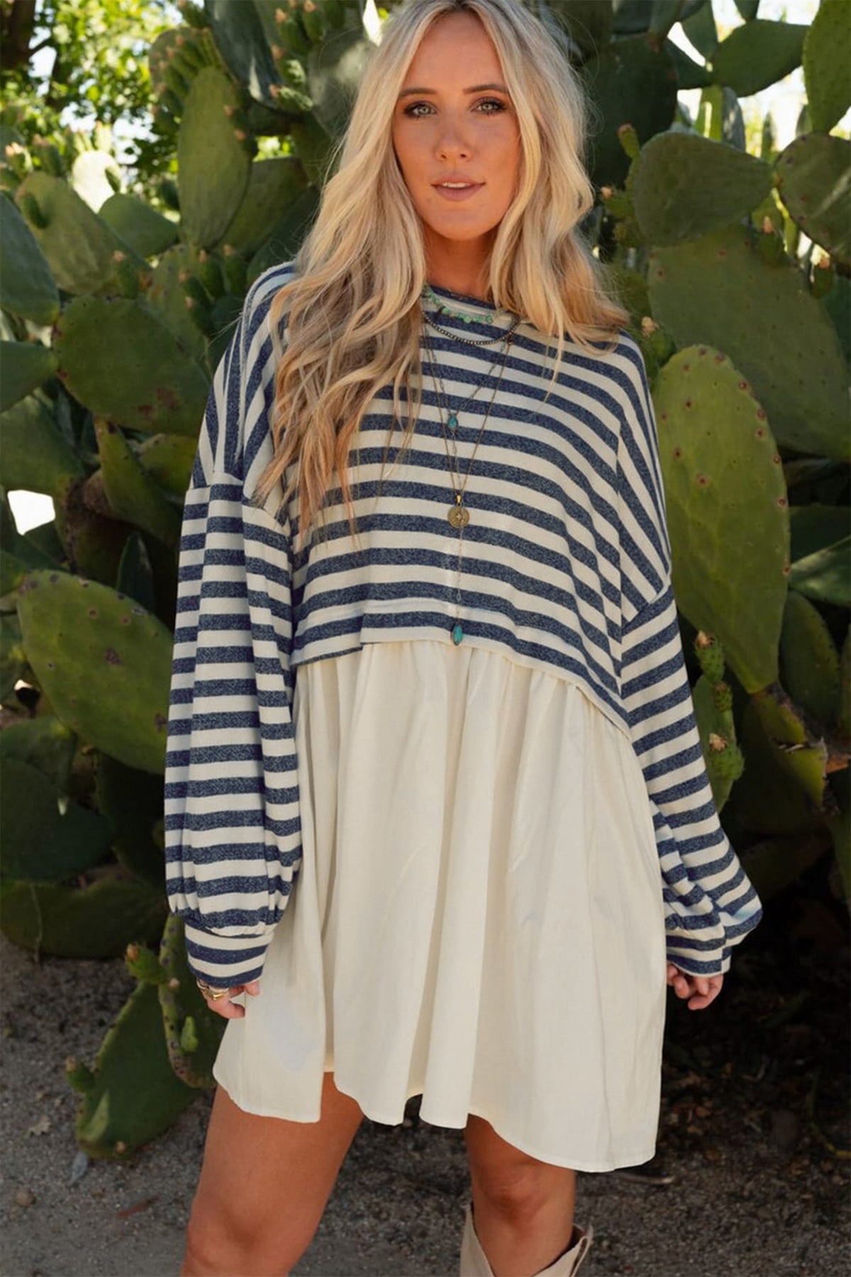 Blue Stripe Long Sleeve Pocketed Patchwork Hem Mini Dress