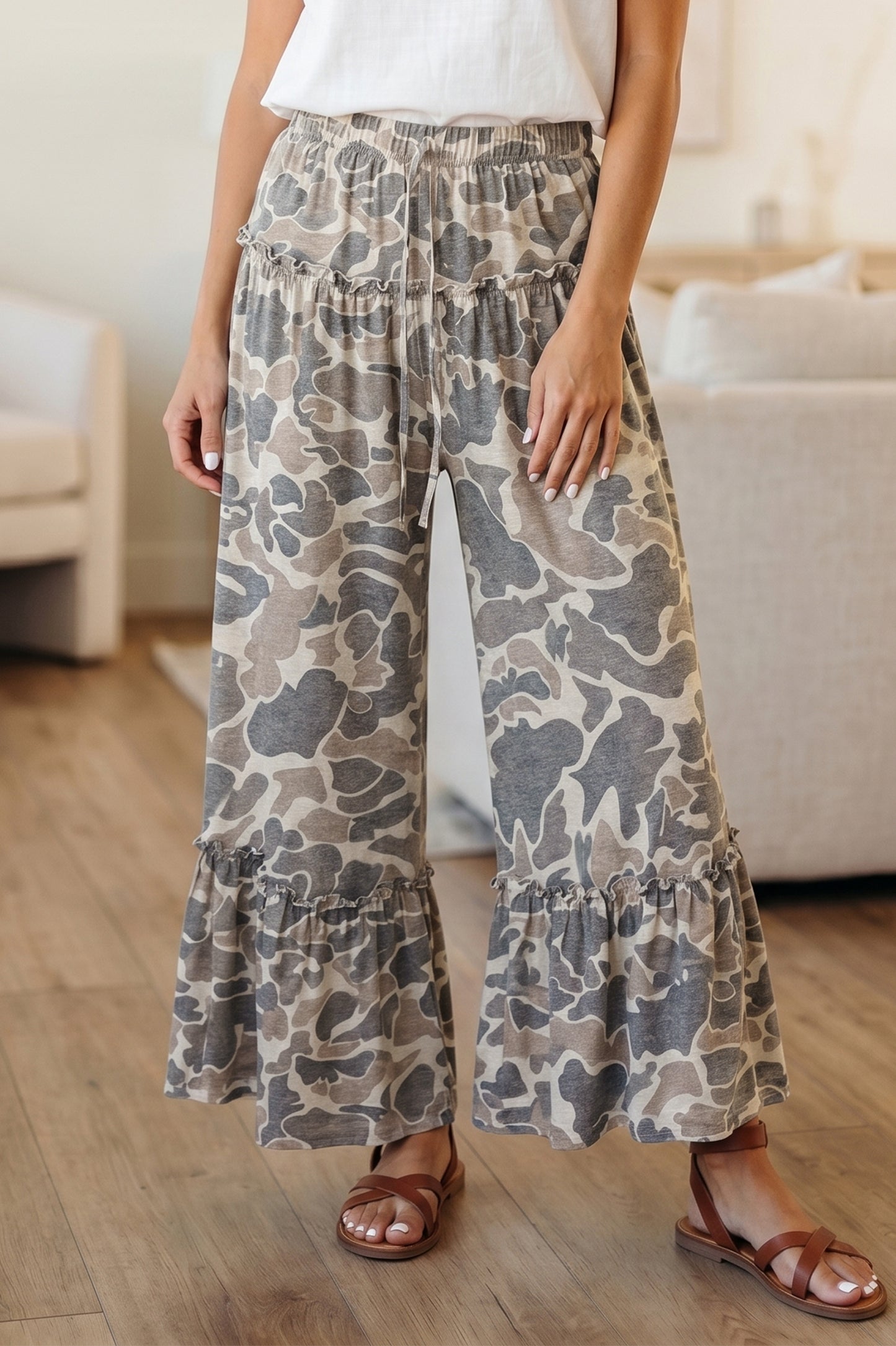 Brown Camo Print Wide Leg Casual Pants