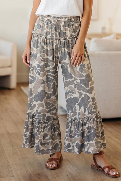 Brown Camo Print Wide Leg Casual Pants